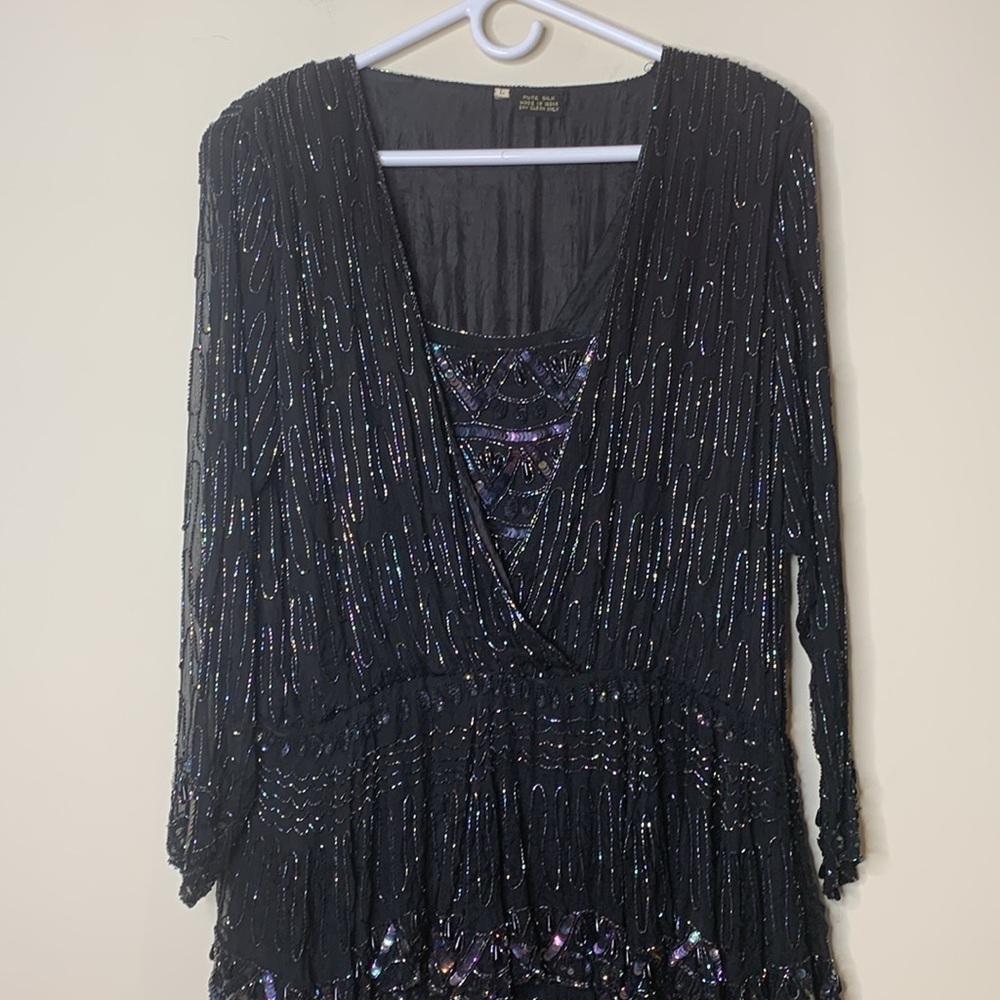 Vintage India Silk Black Beaded Sequin Cocktail Tiered Ruffle Art Deco Dress L - Picture 3 of 15